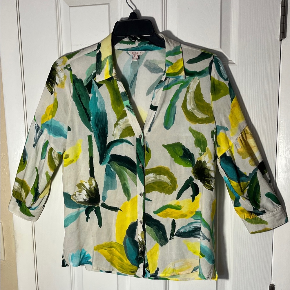 ESPRIT VTG tropical print button up shirt yellow green viscose